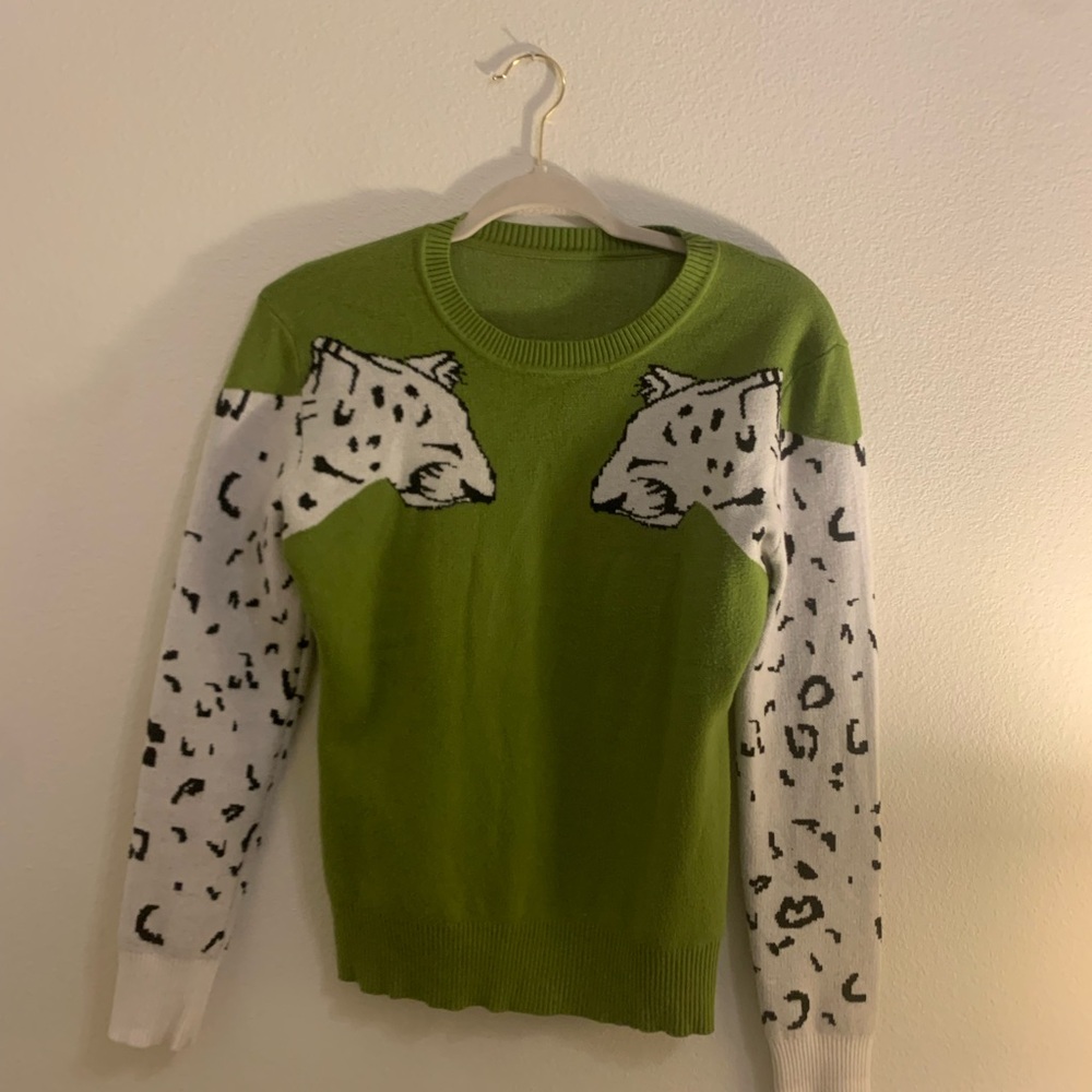 Green Sweater with Leopard Design